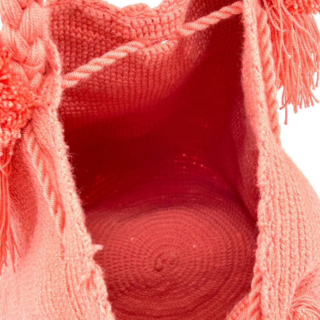 Handwoven Coral Pink Colombian Mochila Pom Pom Tassel Bucket Bag