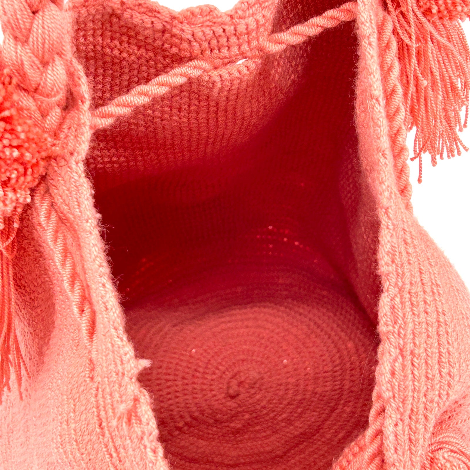 Handwoven Coral Pink Colombian Mochila Pom Pom Tassel Bucket Bag