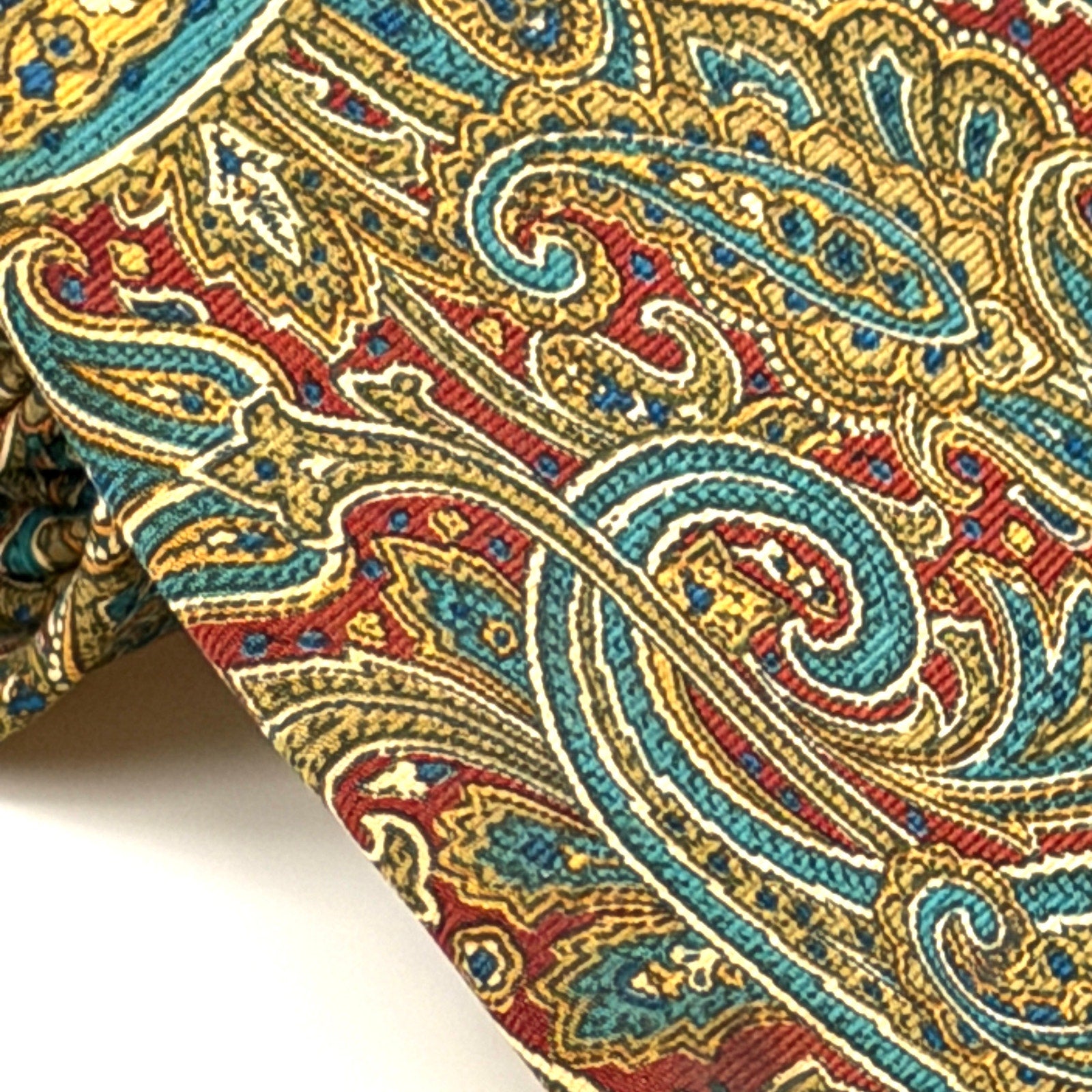 Vintage 80s Oleg Cassini Brick Red 100% Silk Olive Paisley Wide Necktie