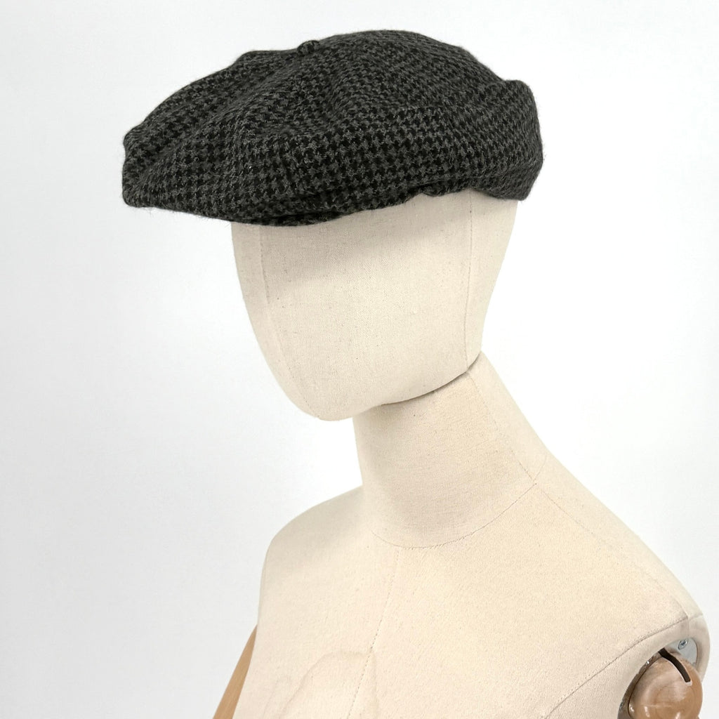 Vintage 90s Perry Ellis Portfolio Grey Black Houndstooth 100% Wool Newsboy Hat