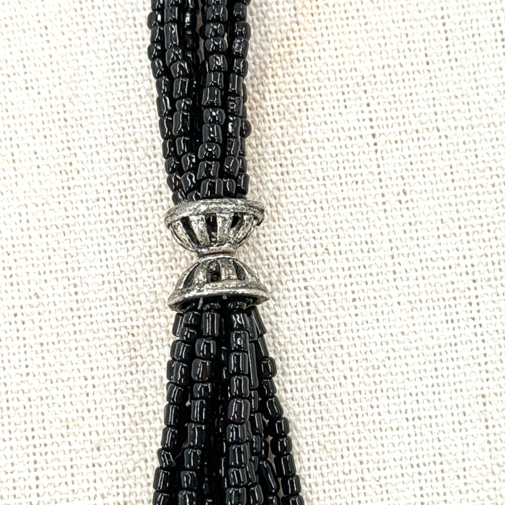 Vintage Black Multi Strand Glass Seed Bead Silver Tone Accent Statement Necklace