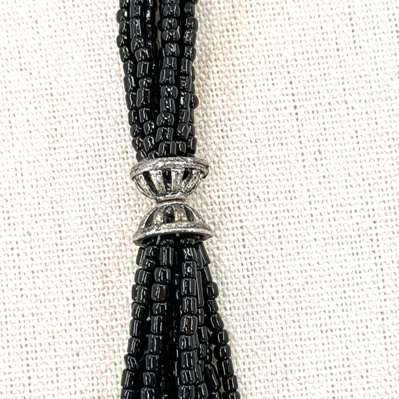 Vintage Black Multi Strand Glass Seed Bead Silver Tone Accent Statement Necklace