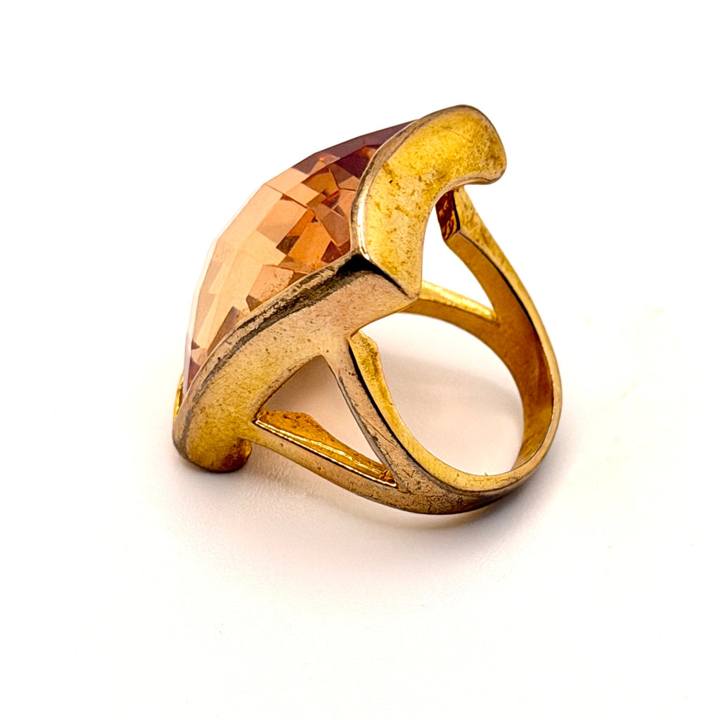 Vintage 1970s Honey Amber Faceted Crystal Architectural Cocktail Ring