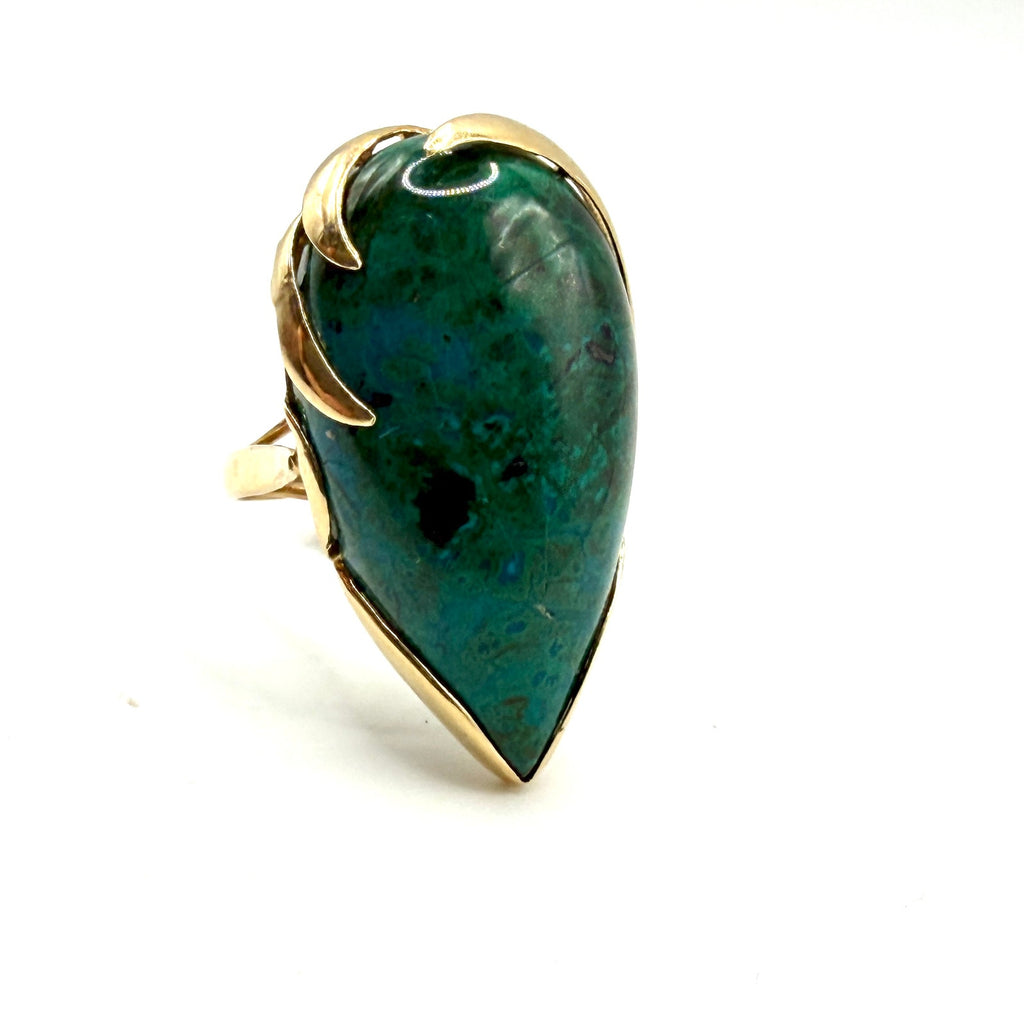 Vintage 70s 14K Gold Green Chrysocolla Modernist Teardrop Cocktail Ring