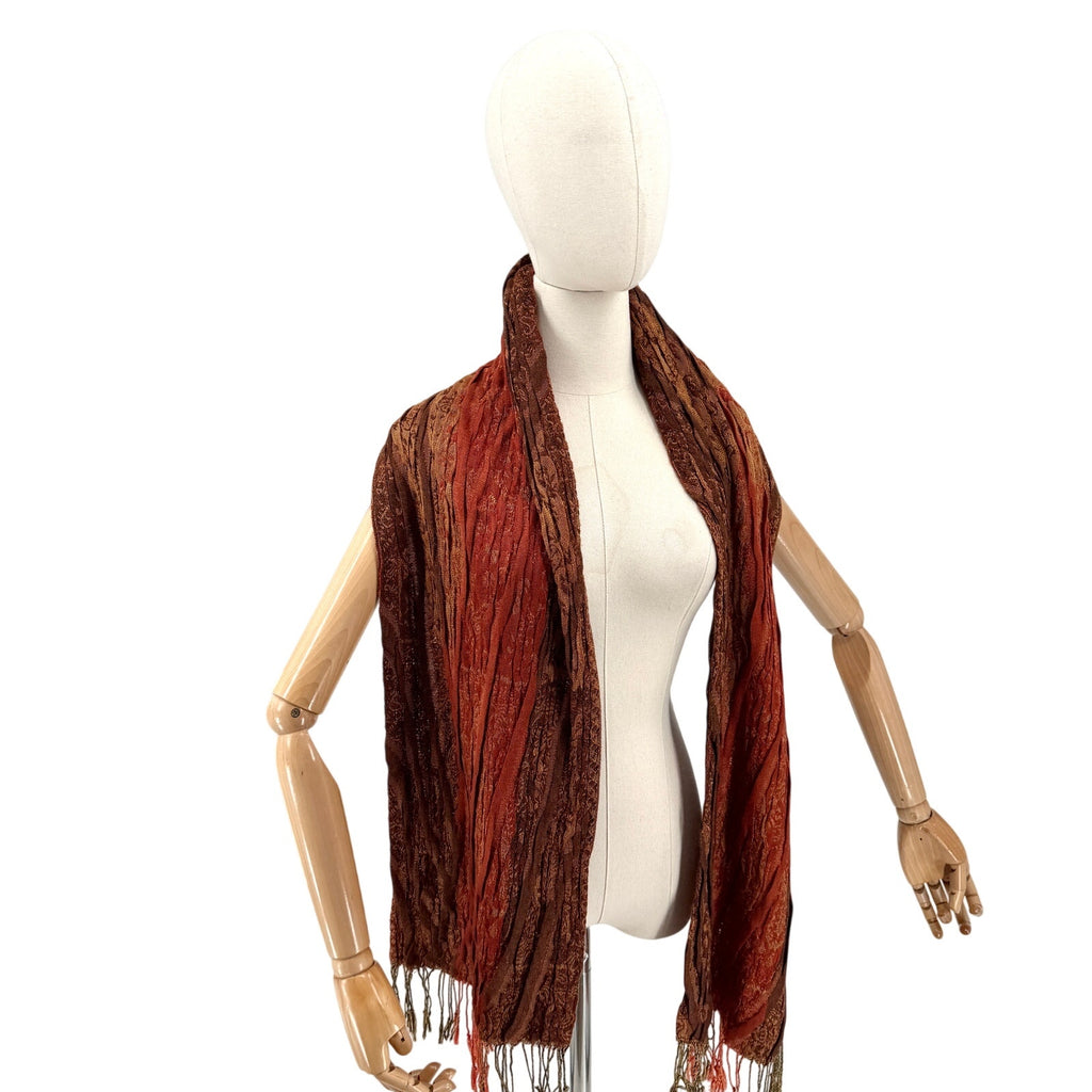 Vintage Y2K Pashmina Red Orange Woven Boho Textured Fringe Scarf