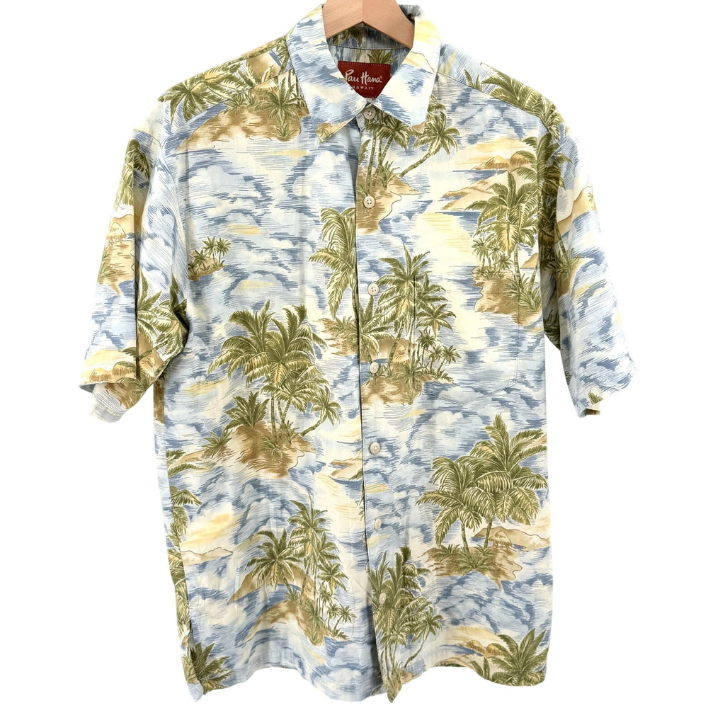 Pau Hana Hawaii Blue Tropical Palm Tree Print Camp Shirt