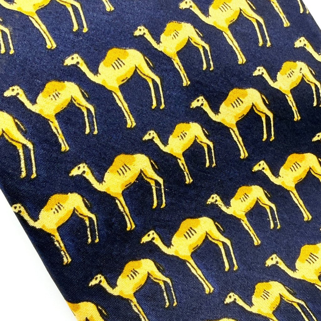 Vintage 90s Navy Silk Gold Camel Novelty Necktie