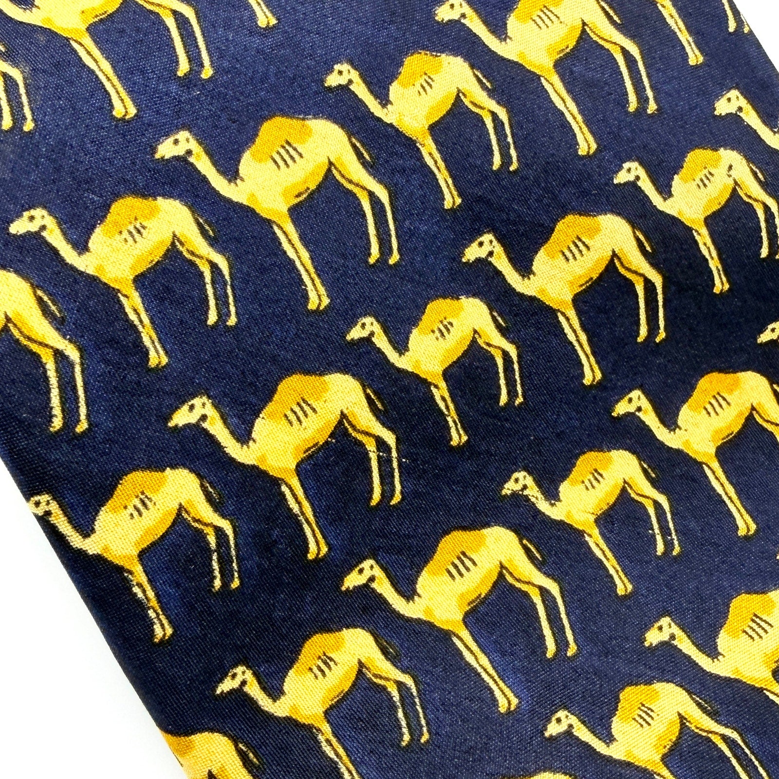 Vintage 90s Navy Silk Gold Camel Novelty Necktie