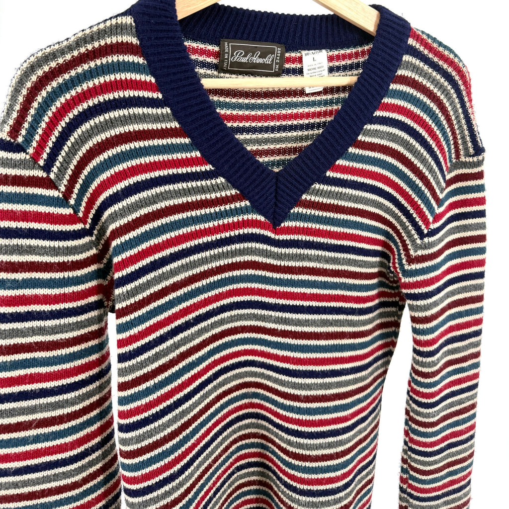 Vintage 70s Paul Arnold Navy Red Striped Knit V-Neck Sweater