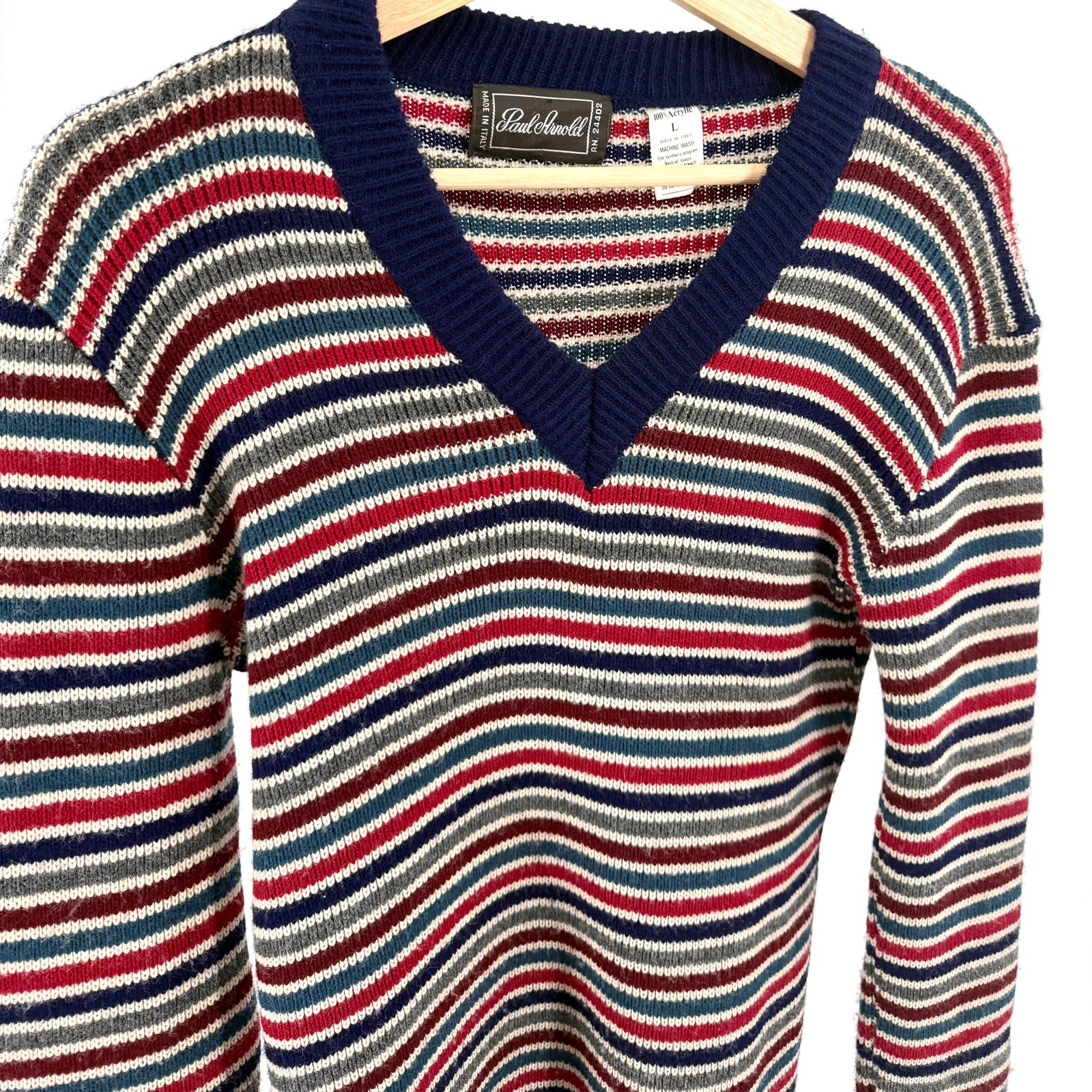 Vintage 70s Paul Arnold Navy Red Striped Knit V-Neck Sweater