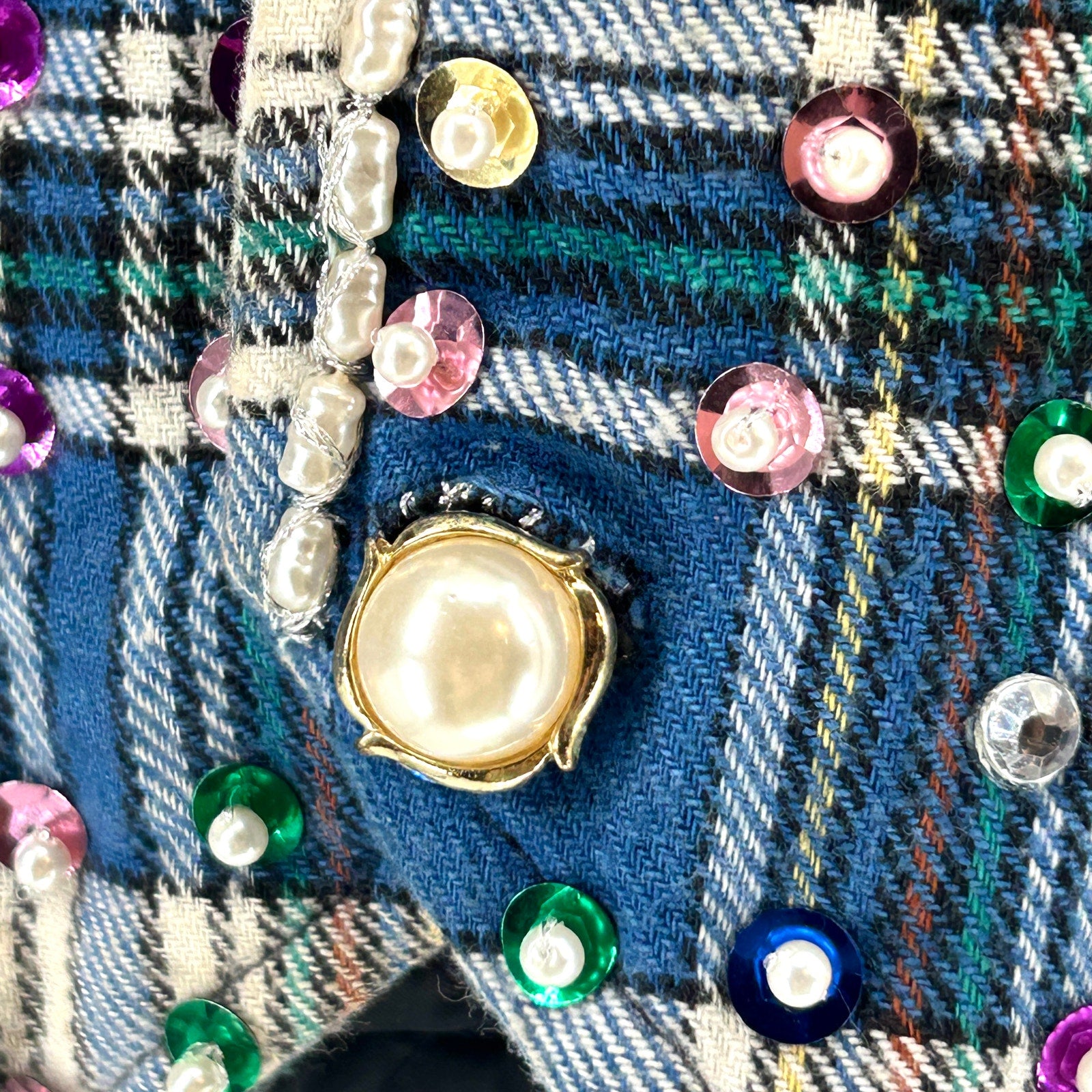 Vintage 90s South Central Blue Plaid Jeweled Pearl Embellished Flannel Vest