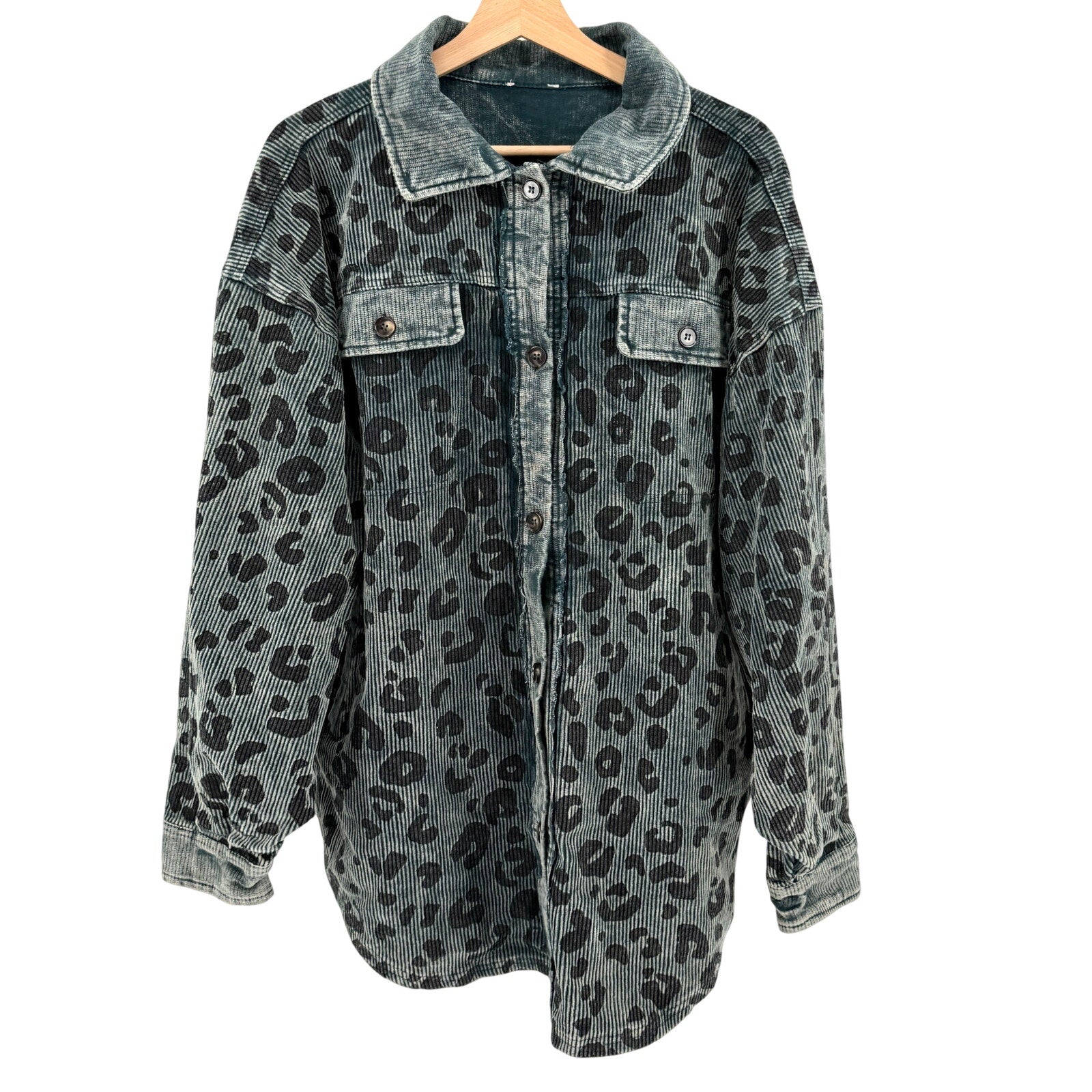 Bibi Vintage Washed Green Sage Corduroy Leopard Spot Button Down Shacket Jacket