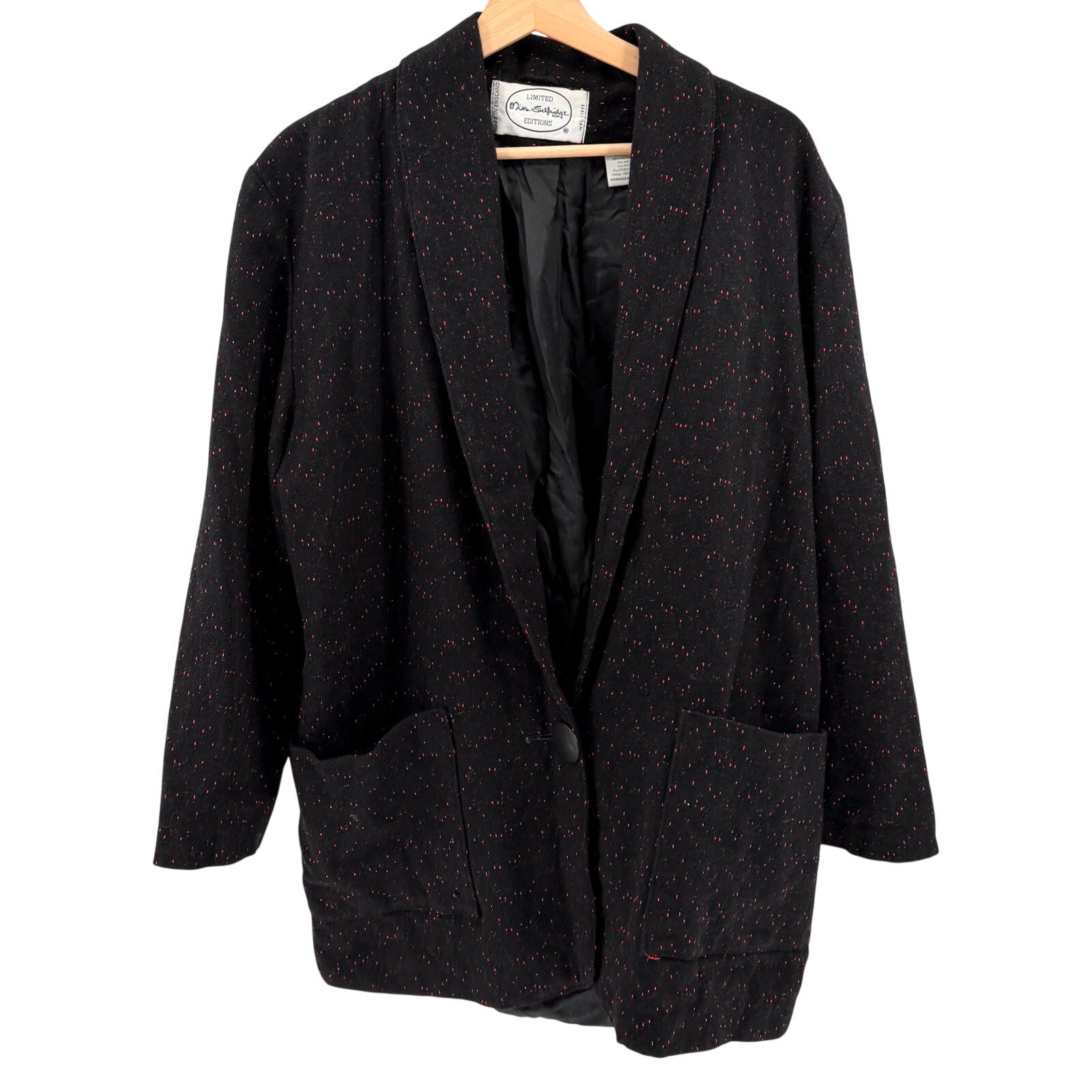 Vintage 80s Miss Selfridge Black Red Flecked Oversized Menswear Blazer Jacket