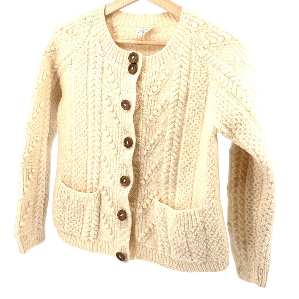 Vintage 70s Derek Clothes Cream 100% Wool Hand Knit Wood Button Cardigan