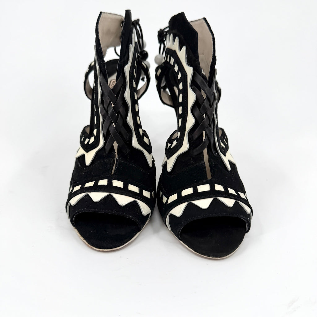 Sophia Webster Black White Genuine Suede Riko Lace Up Stiletto Sandals