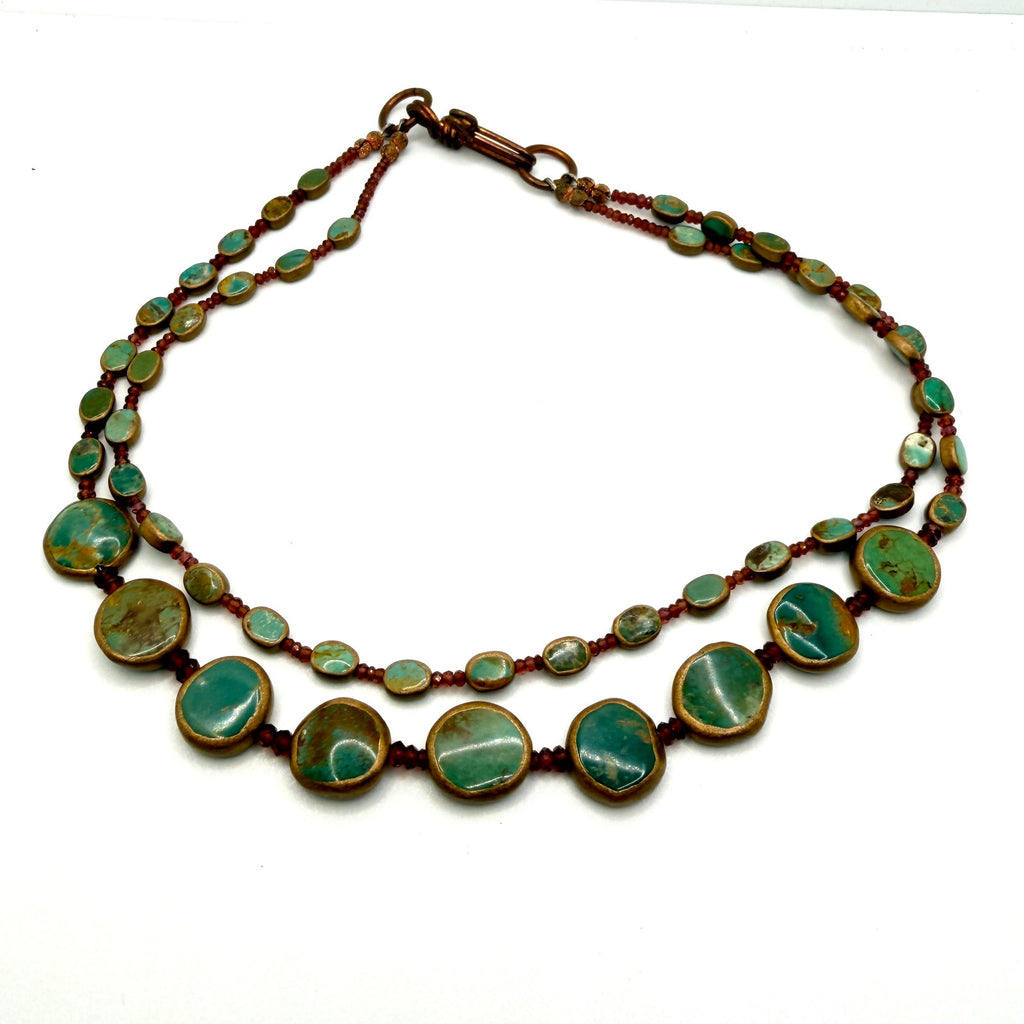Vintage Turquoise Rubellite Double Strand Copper Hook Artisanal Necklace