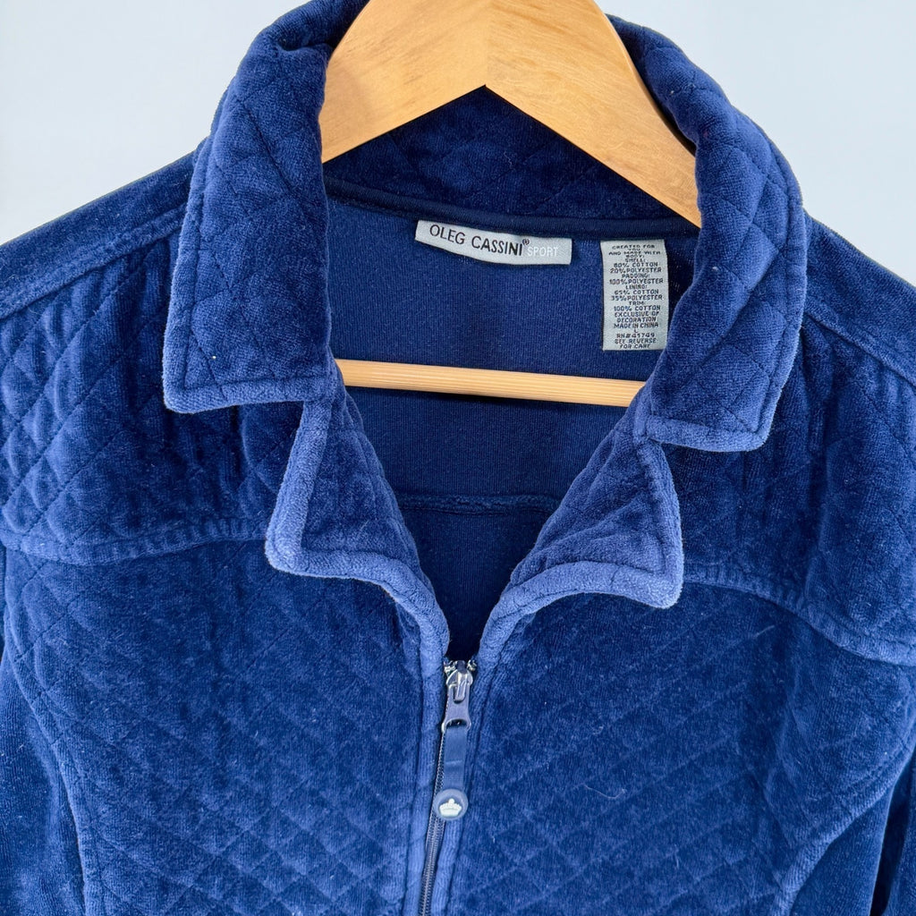 Vintage Y2K Oleg Cassini Sport Navy Quilted Velour Zip Jacket