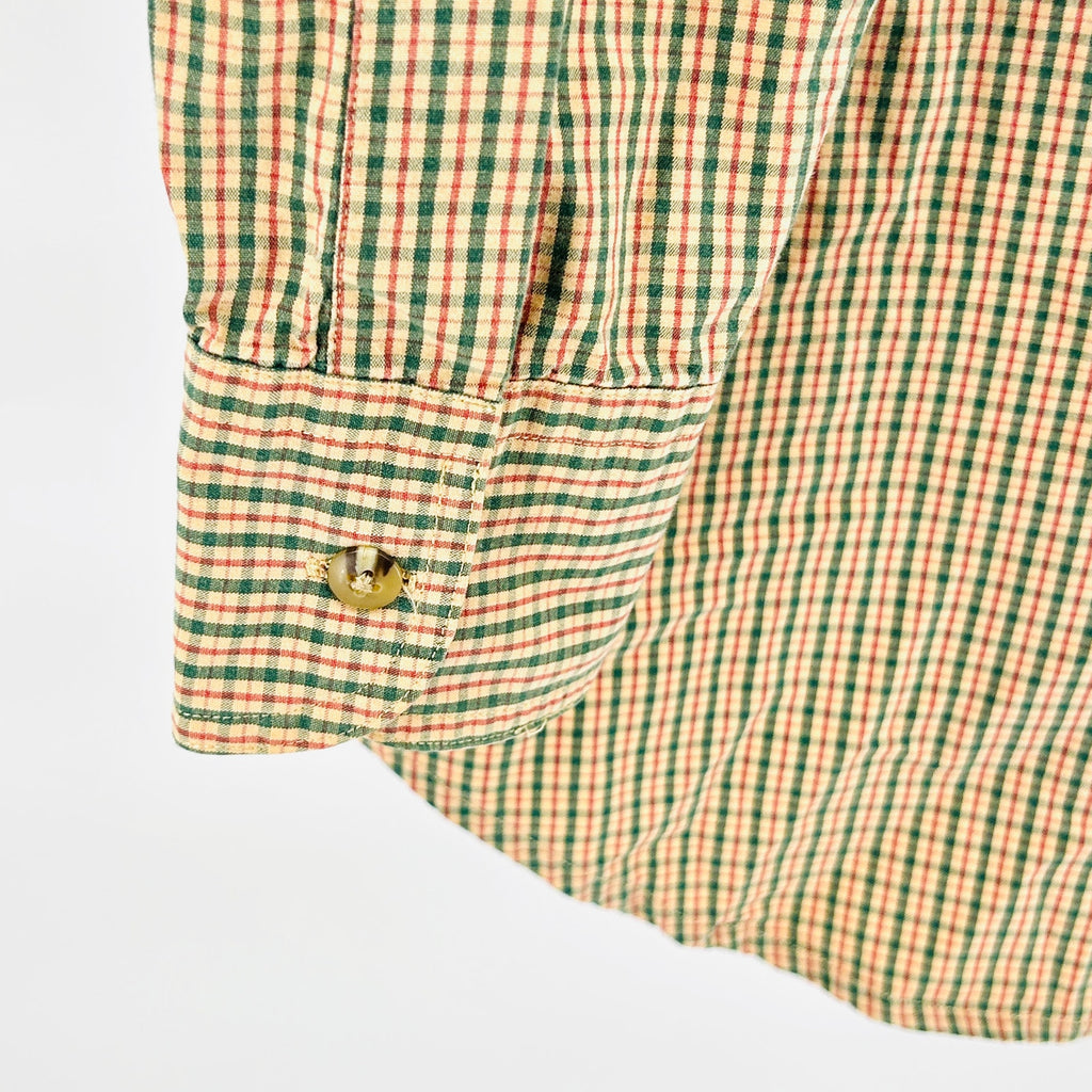 Vintage 90s L.L.Bean Tan Green Red 100% Cotton Check Button-Down Shirt