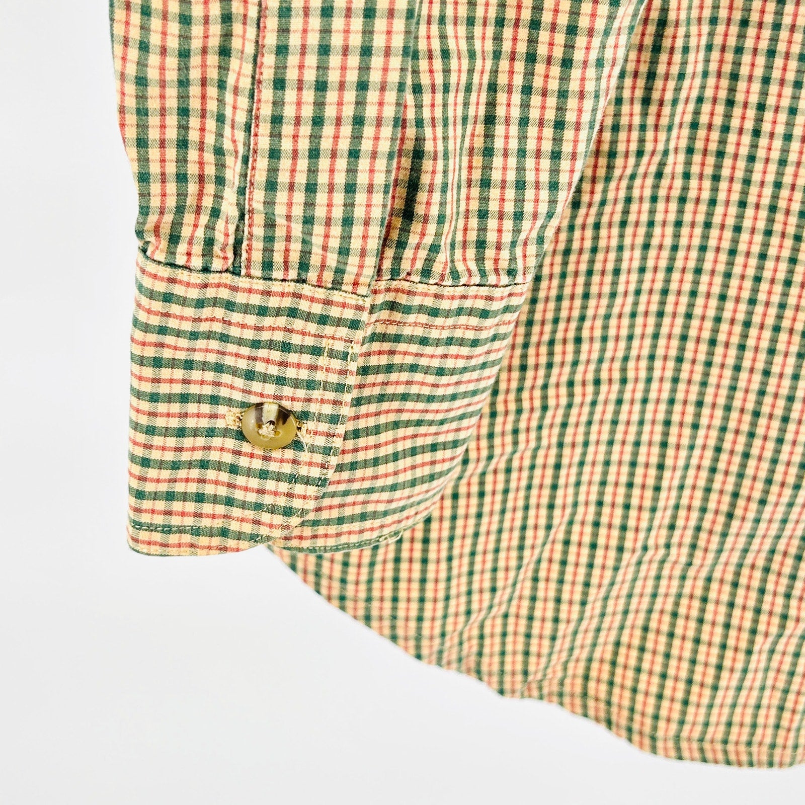 Vintage 90s L.L.Bean Tan Green Red 100% Cotton Check Button-Down Shirt
