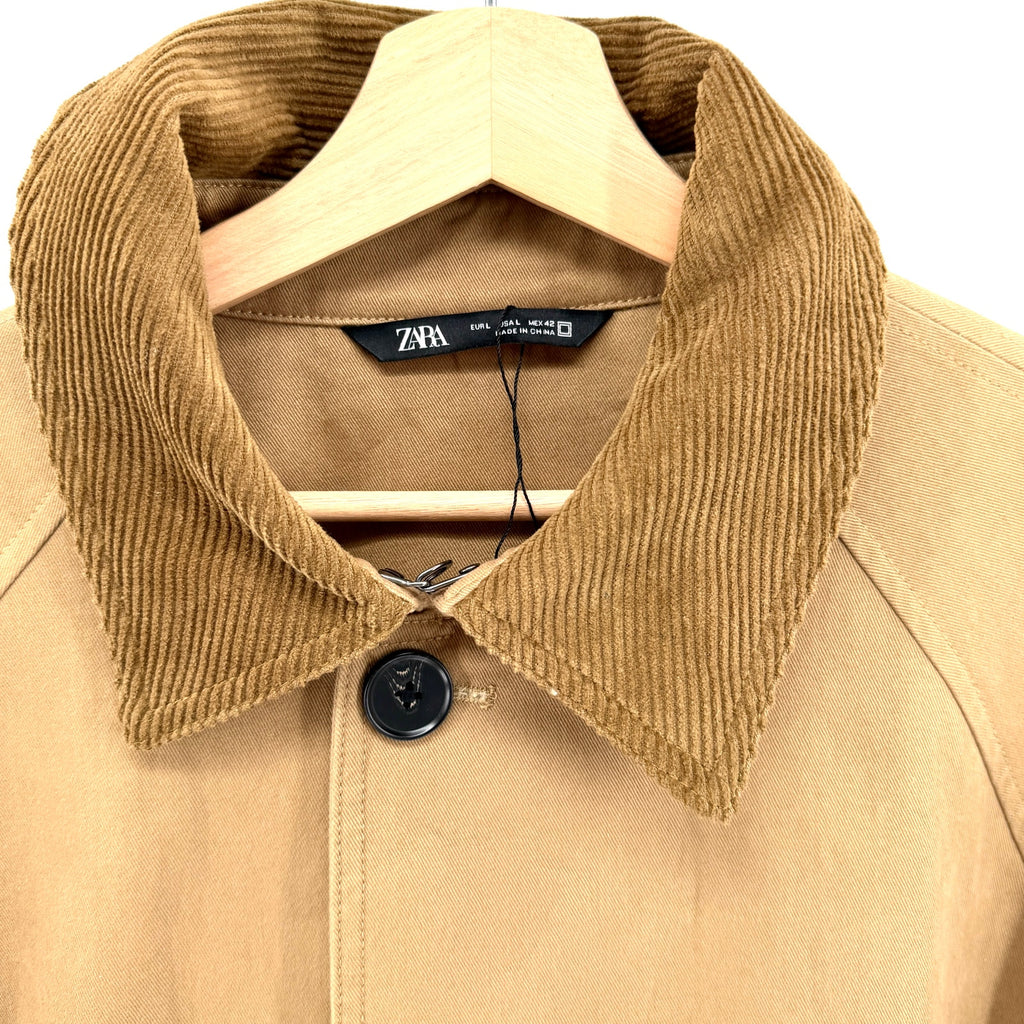 Zara Tan 100% Cotton Twill Corduroy Collar Trench Coat