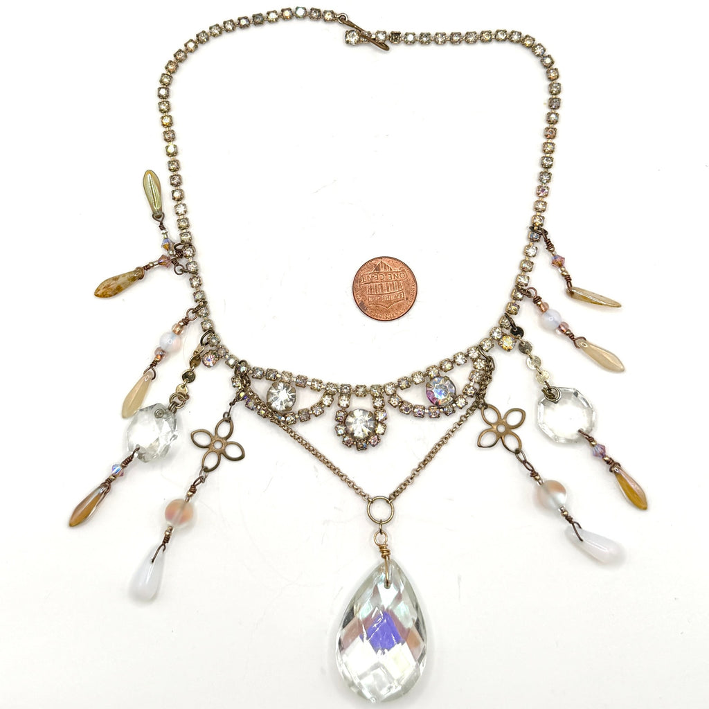 Vintage 70s Multi Gold Rhinestone Glass Bohemian Fringe Teardrop Bib Necklace