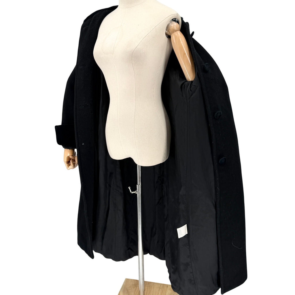 Vintage 90s Worthington Black 100% Wool Velvet Trim Hooded Long Overcoat