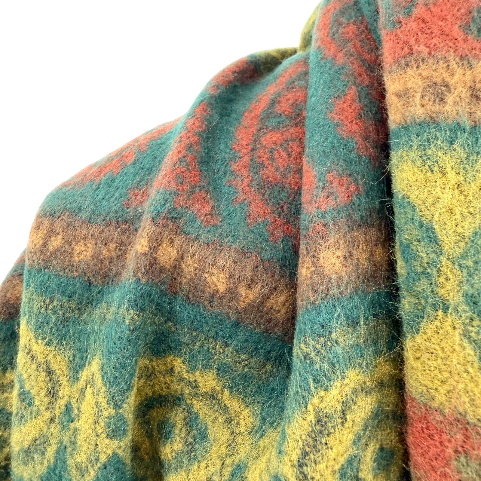 Vintage 90s Bloomingdale's Green Brown Boho Southwest Fringe Wrap Scarf