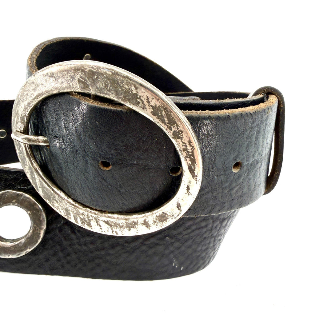 Vintage 90s Garuglieri Black Leather Round Buckle Grommet Belt