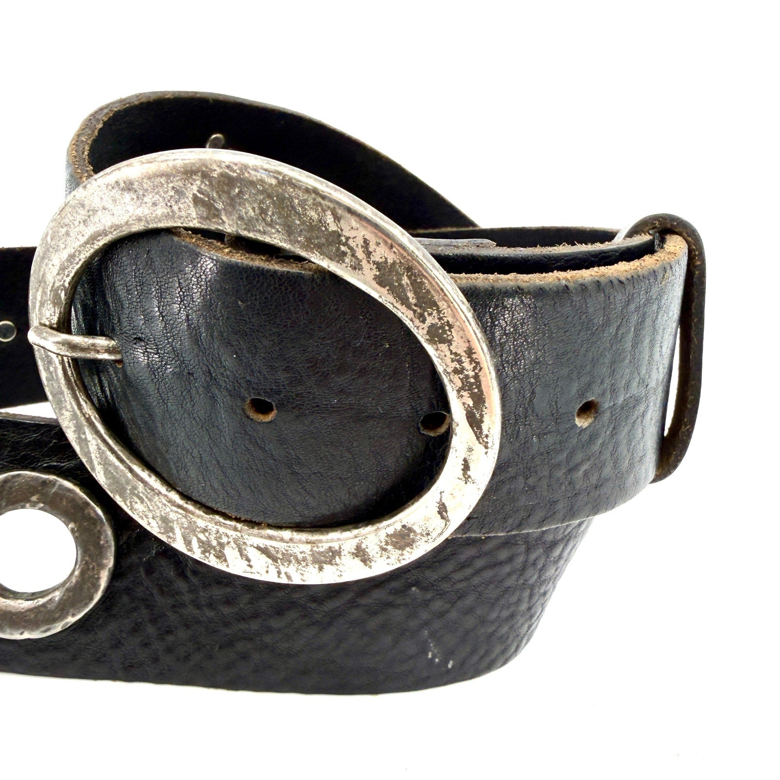 Vintage 90s Garuglieri Black Leather Round Buckle Grommet Belt
