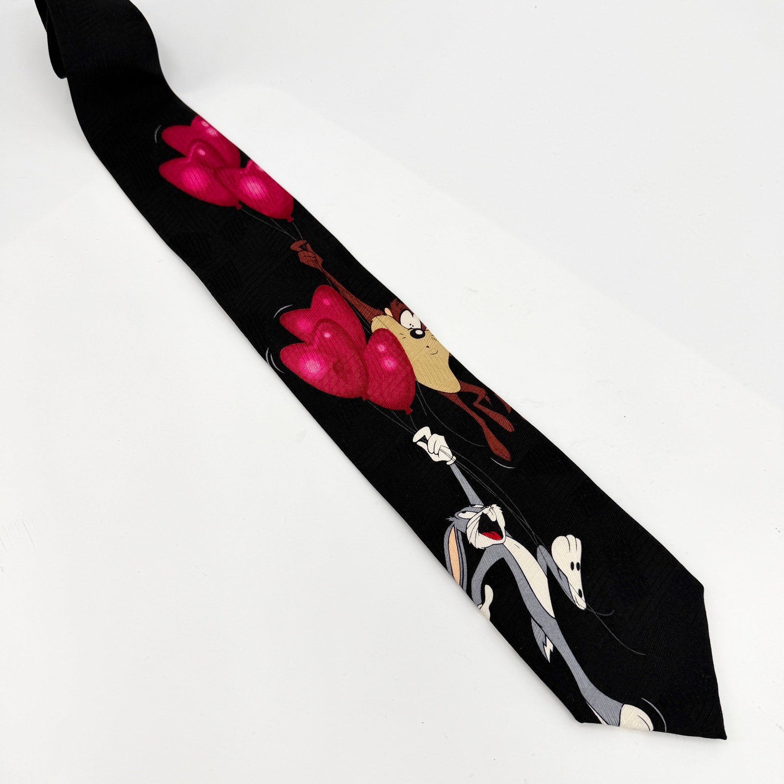 Vintage 90s Looney Tunes Mania Black 100% Silk Bugs Bunny Taz Novelty Tie