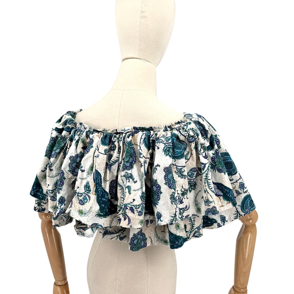 Vintage 90s Custom Made Cream Teal 100% Cotton Peacock Paisley Ruffle Crop Top