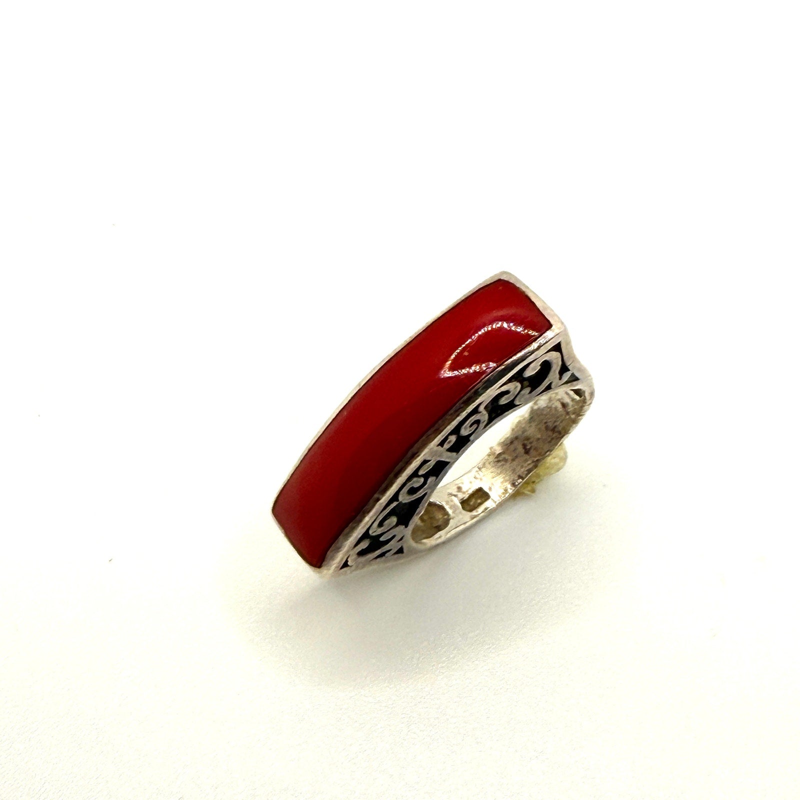 Vintage 80s Red Jasper Sterling Silver Stamped Filigree Cross Arched Ring