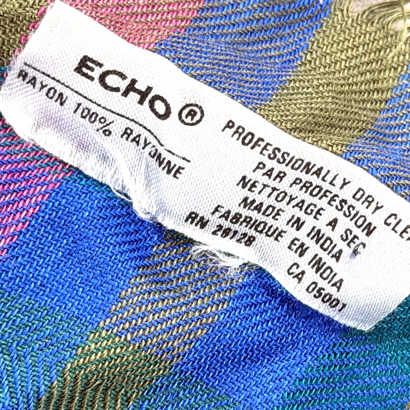 Vintage 70s Echo Olive Blue Pink Plaid Square Scarf