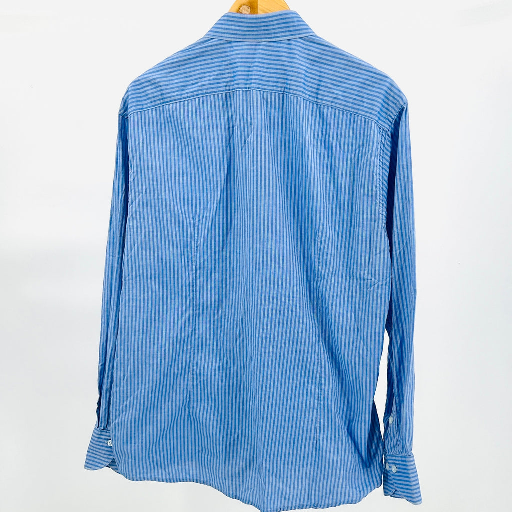 Rochas Blue White Thin Striped Cotton Button Down Dress Shirt