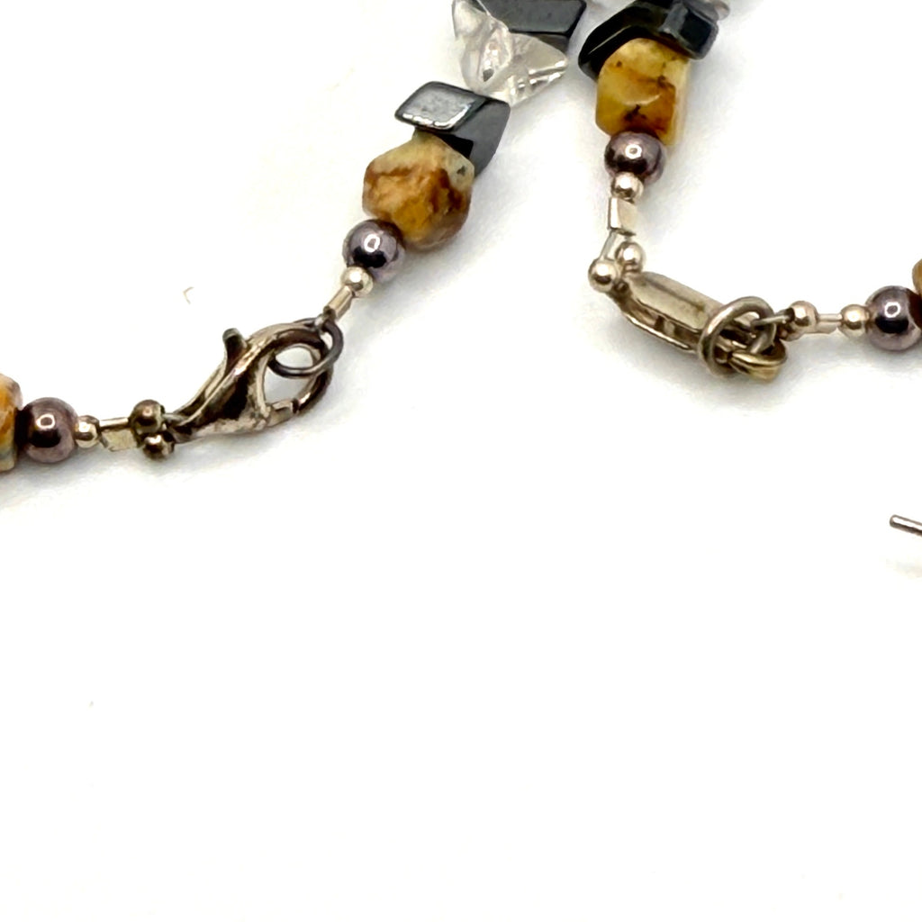 Vintage 90s Hematite Chevron Quartz Stone Necklace Bracelet Earring Set