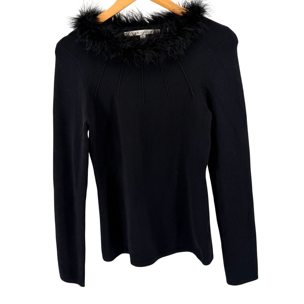 Vintage Y2K Max Studio Black Whimsigoth Genuine Feather Collar Ribbed Sweater