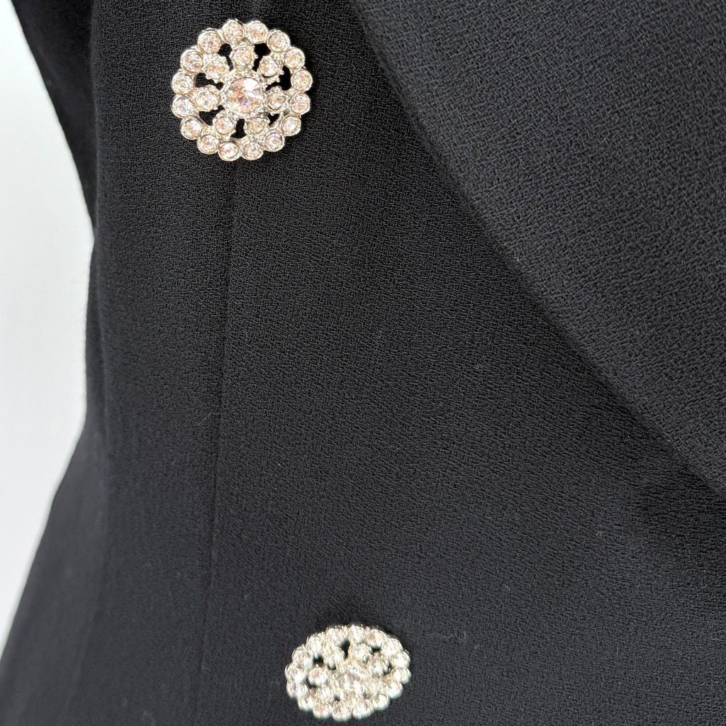 Vintage 90s Jaeger Black 100% Wool Rhinestone Button Wrap Coat Dress