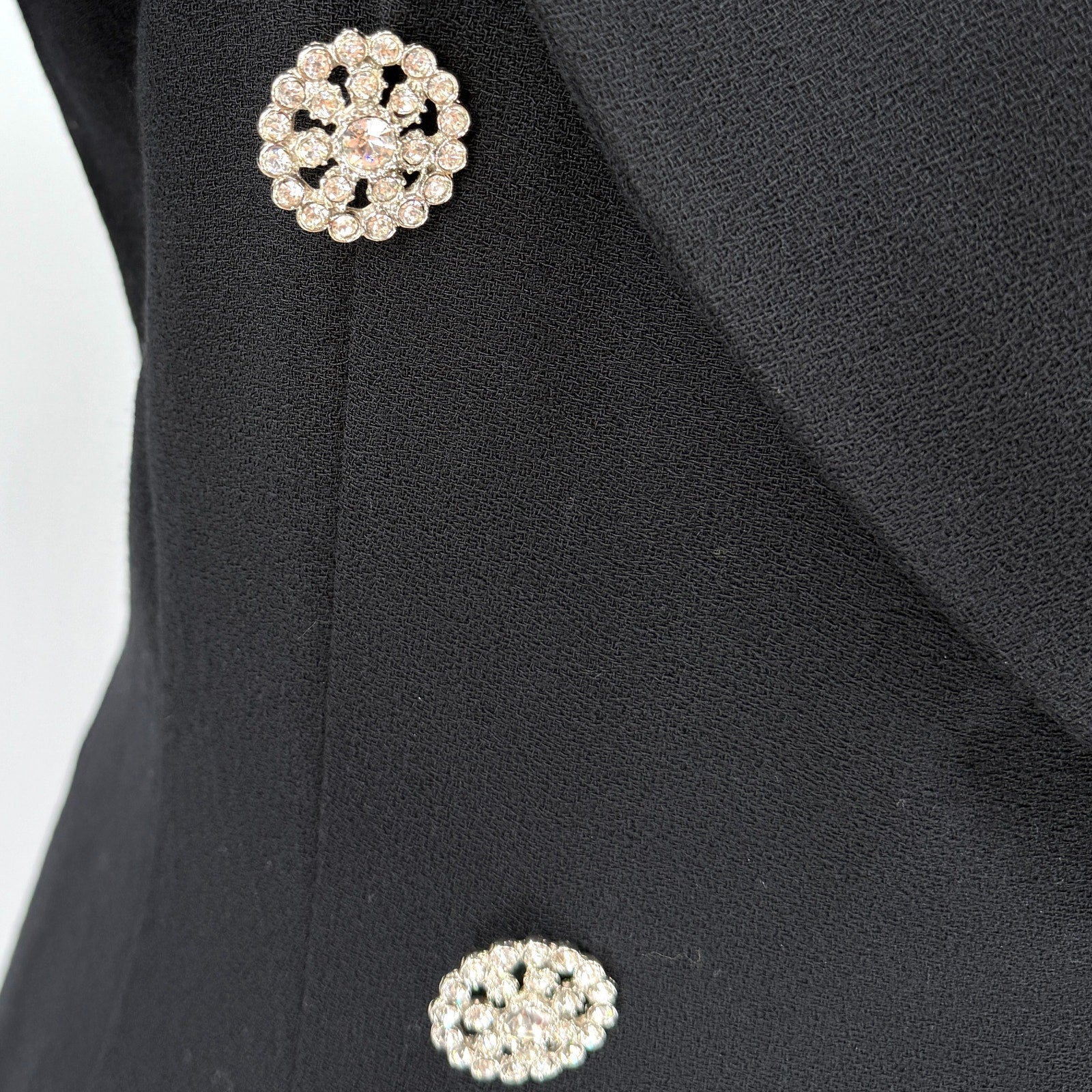 Vintage 90s Jaeger Black 100% Wool Rhinestone Button Wrap Coat Dress