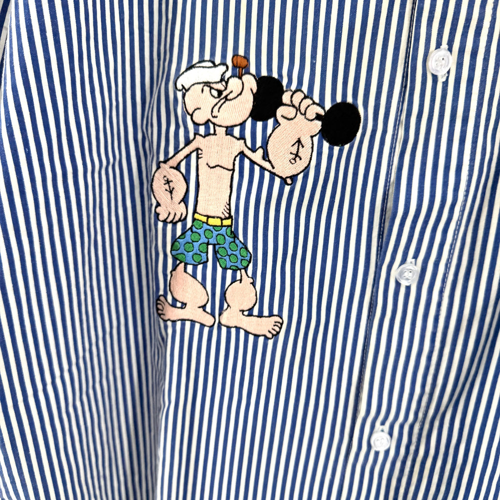 MINT Vintage 90s Too Cute Guetta Bros Popeye Blue Striped Embroidered Shirt