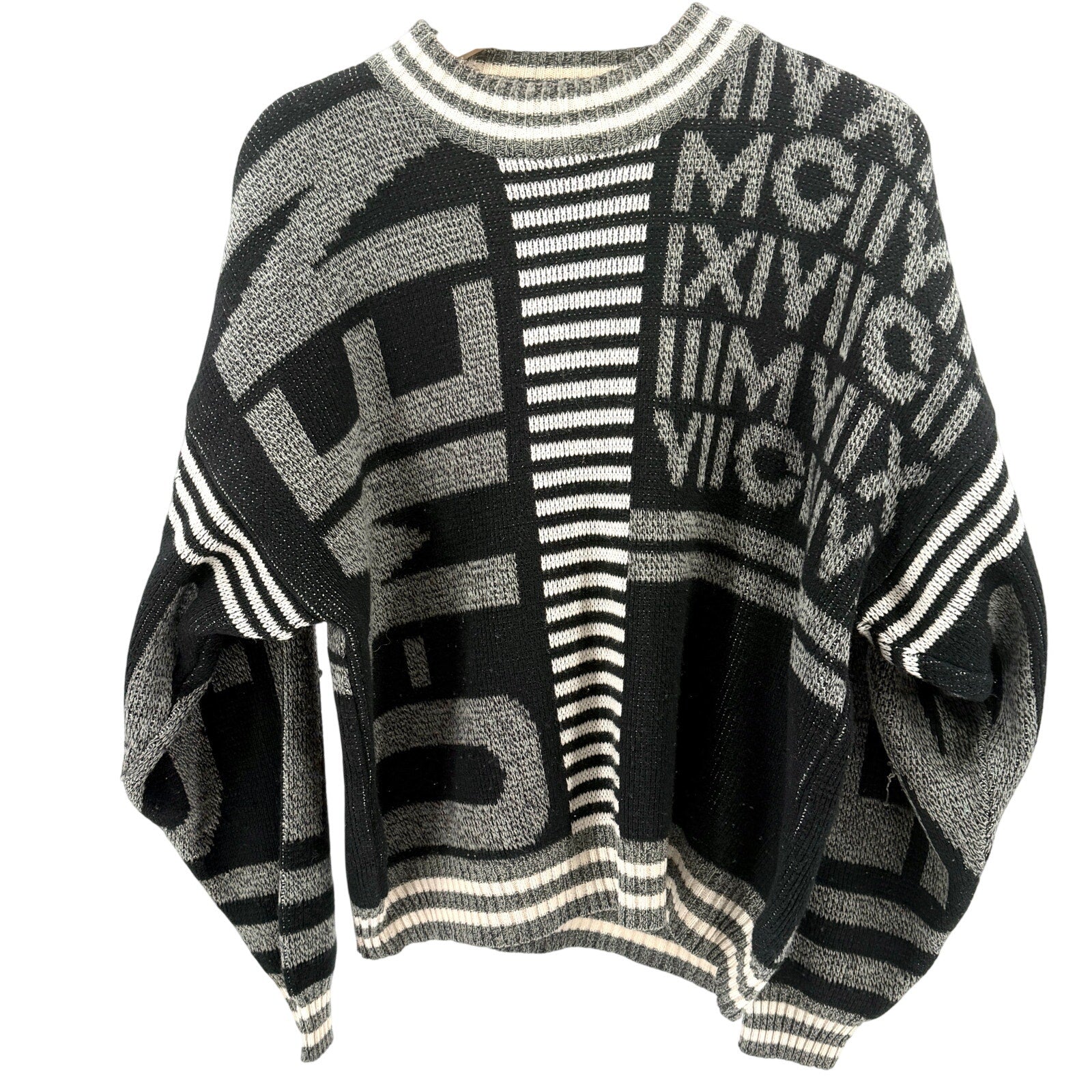 Vintage 80s Umen Black Gray Graphic Roman Numeral Geometric Knit Sweater