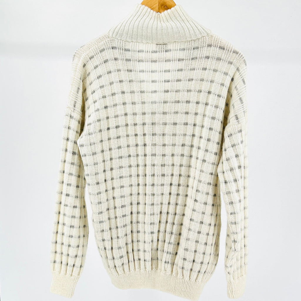 Vintage 90s White Grey Alpaca Striped Full Zip Mock Neck Sweater Jacket