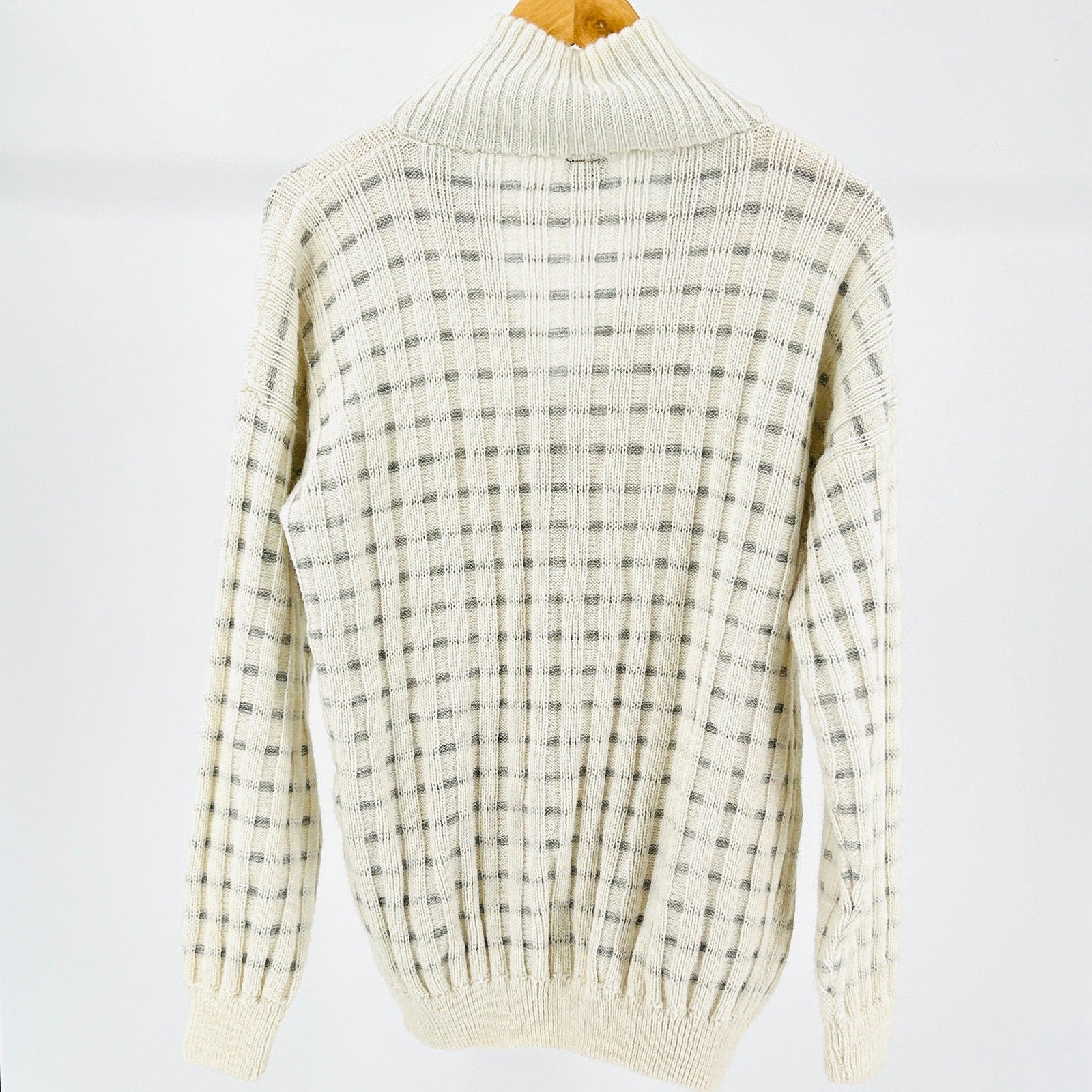 Vintage 90s White Grey Alpaca Striped Full Zip Mock Neck Sweater Jacket