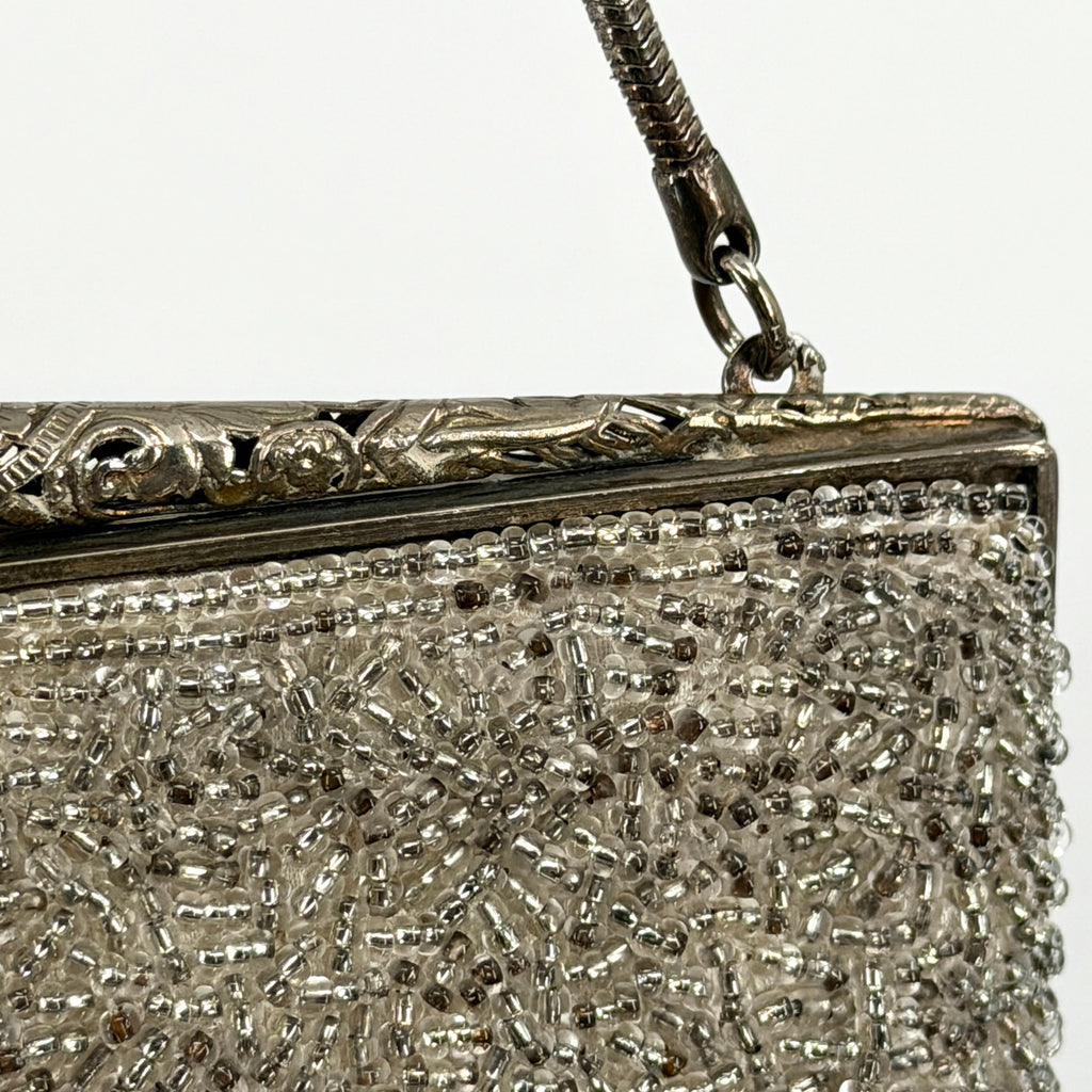 MINT Vintage 60s Silver Heavily Beaded Filigree Clasp Evening Handbag