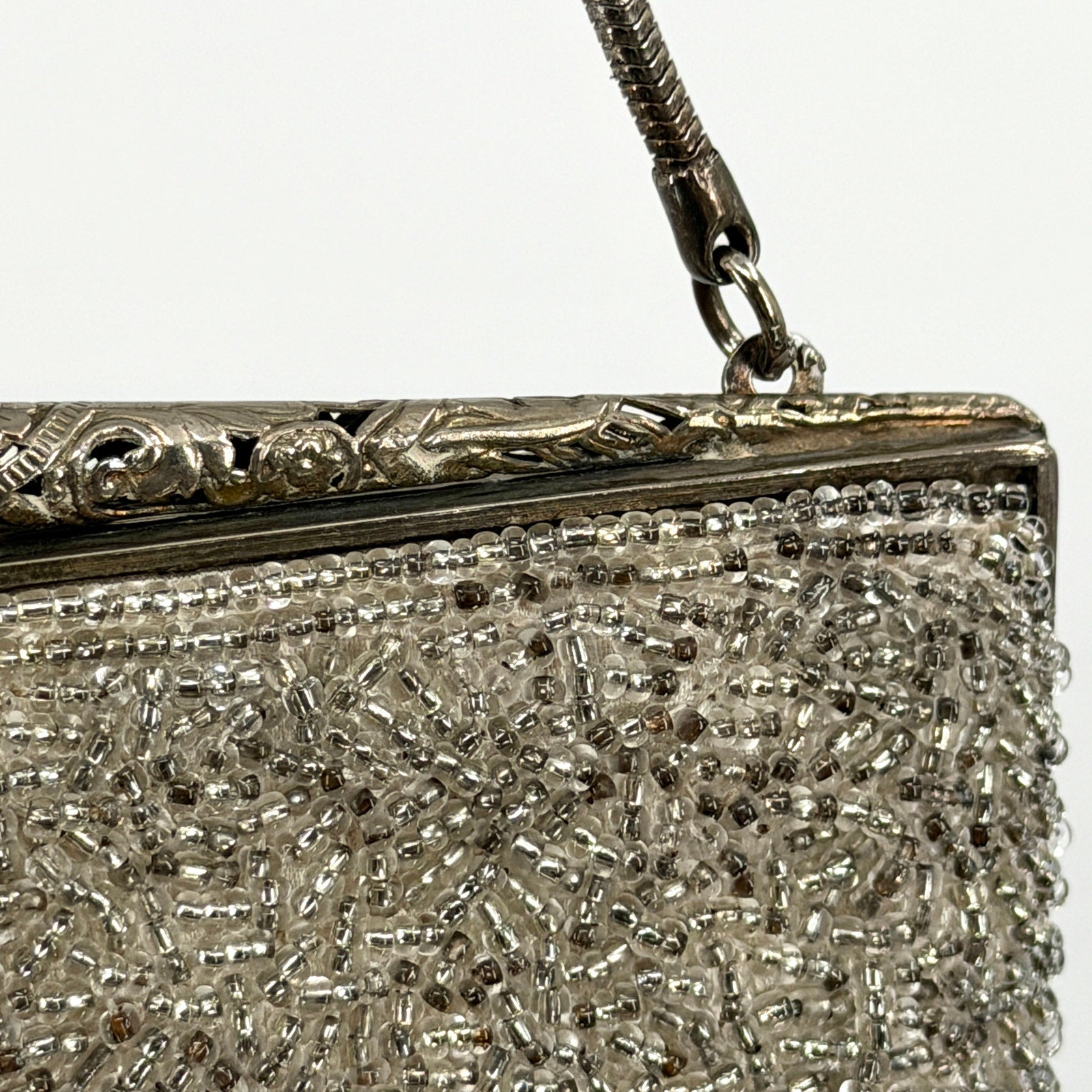 MINT Vintage 60s Silver Heavily Beaded Filigree Clasp Evening Handbag