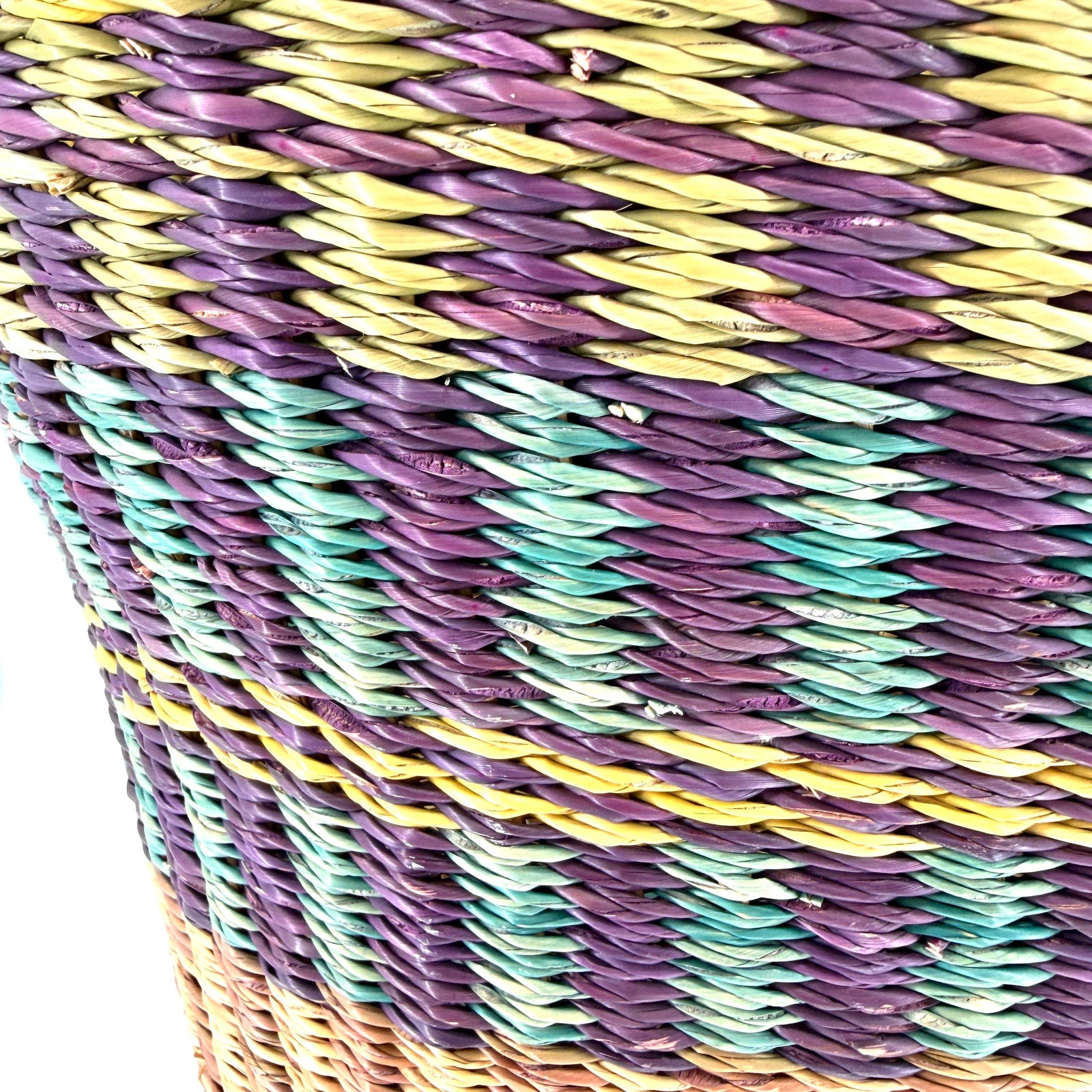 Vintage 80s Handcrafted Large Multi-Color Woven Straw Basket Leather Handle Tote