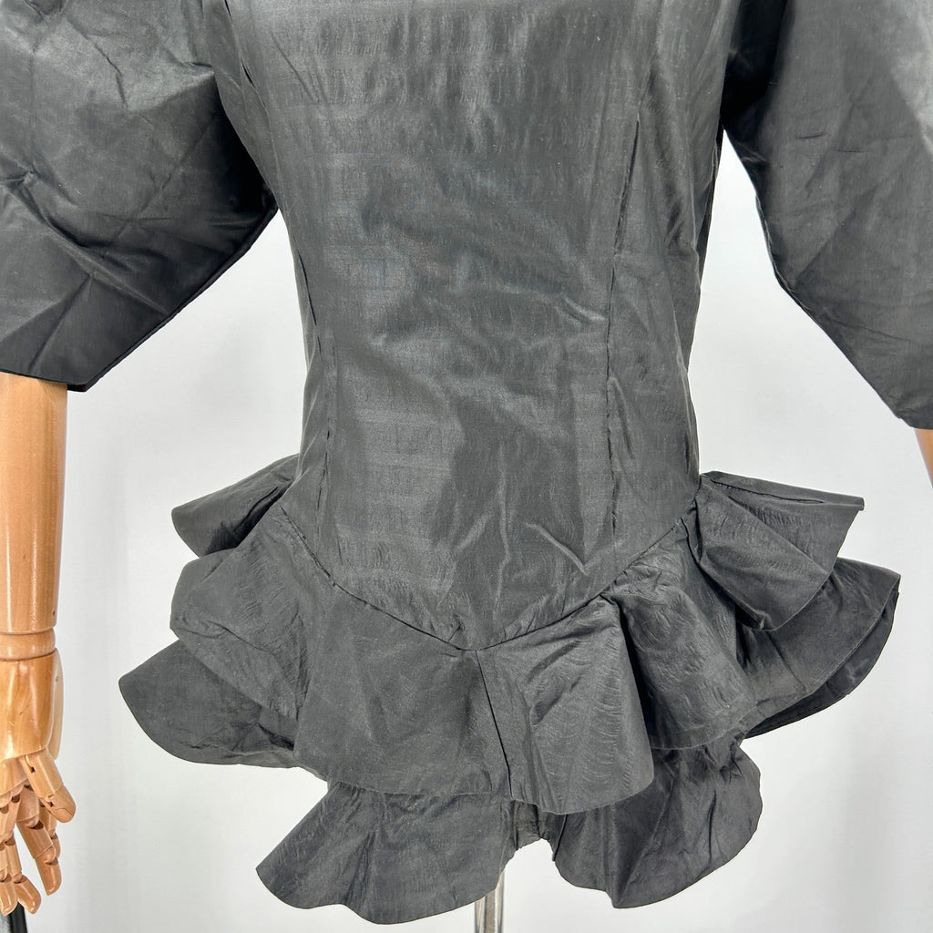 Handmade Black Coated Cotton Puff Sleeve Peplum Blouse