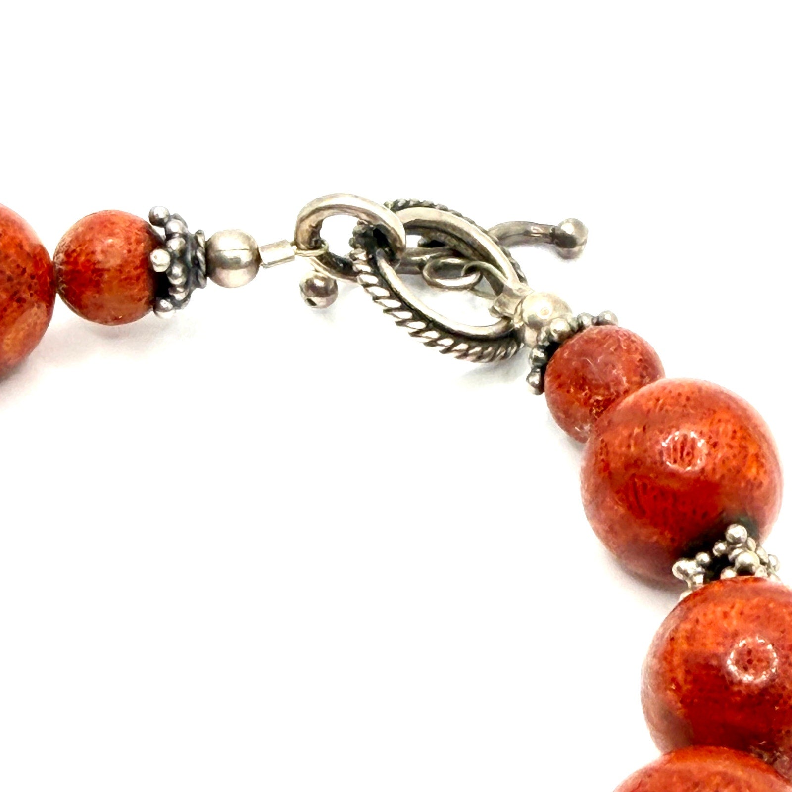 Vintage 90s Red Coral Bead Sterling Silver Toggle Bracelet