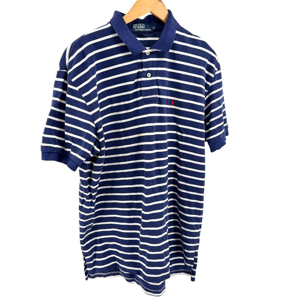 Vintage 90s Polo Ralph Lauren Navy Blue White Striped 100% Cotton Polo Shirt