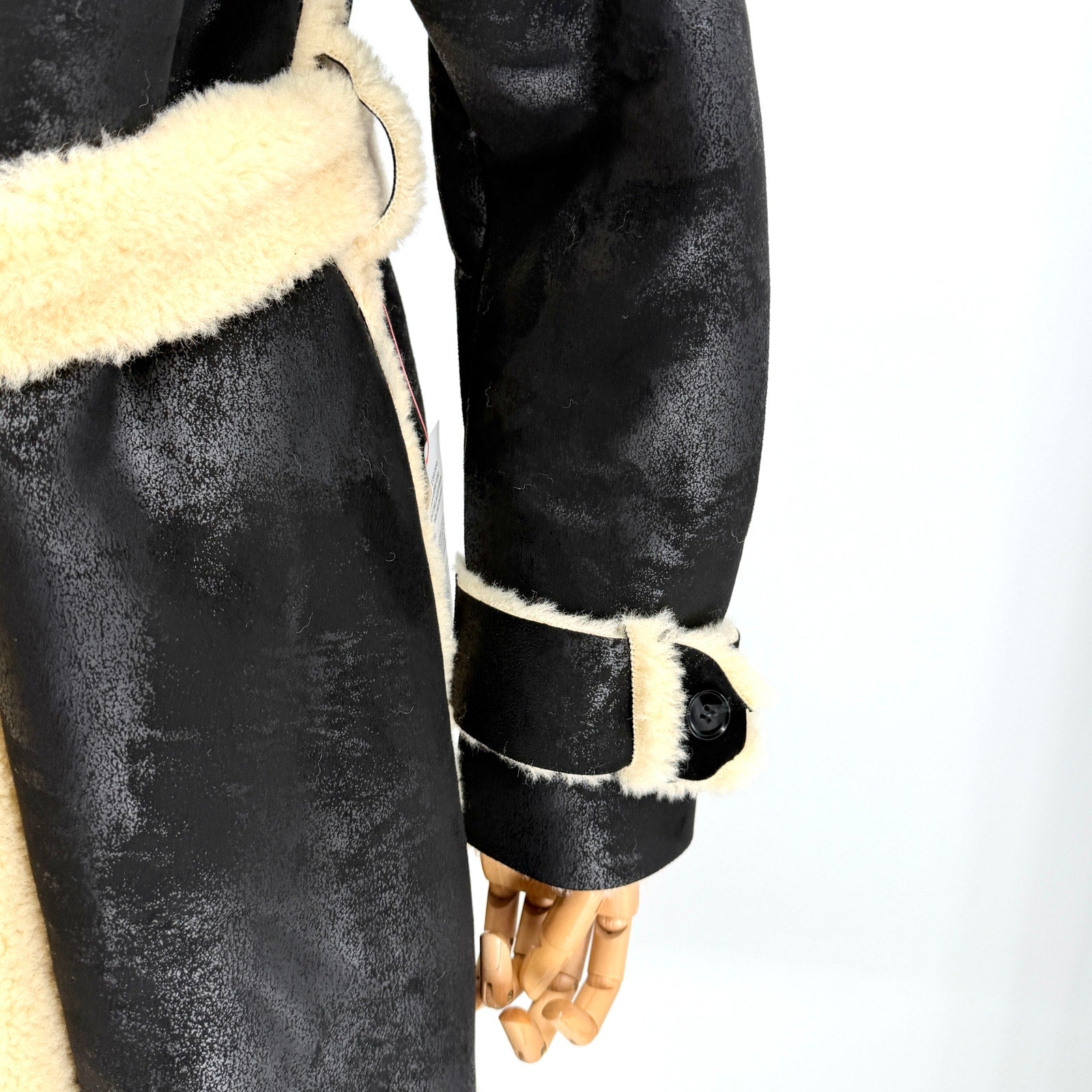 NWT Miss Selfridge Black Cream Faux Shearling Double Breasted Trenchcoat