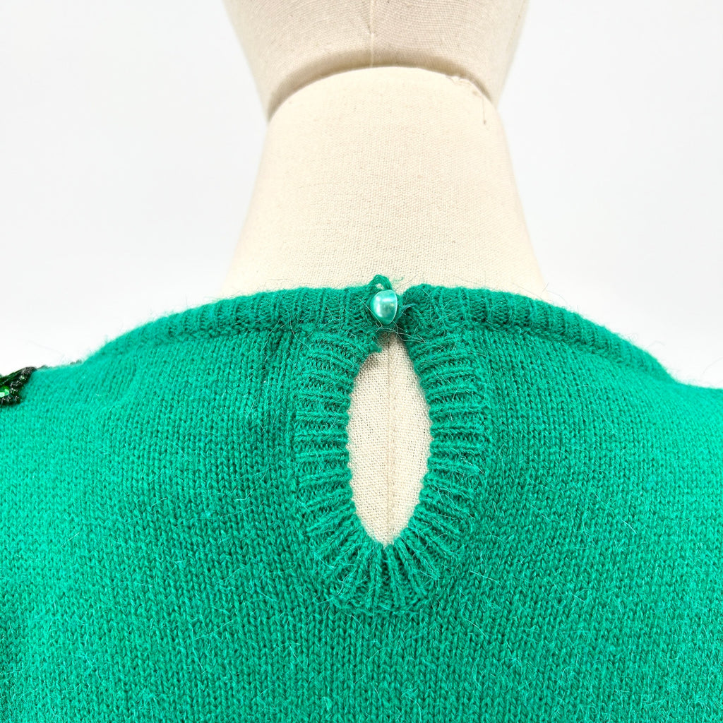 Vintage 80s Interim Green Sequin Shoulder Pad Knit Sweater Dress